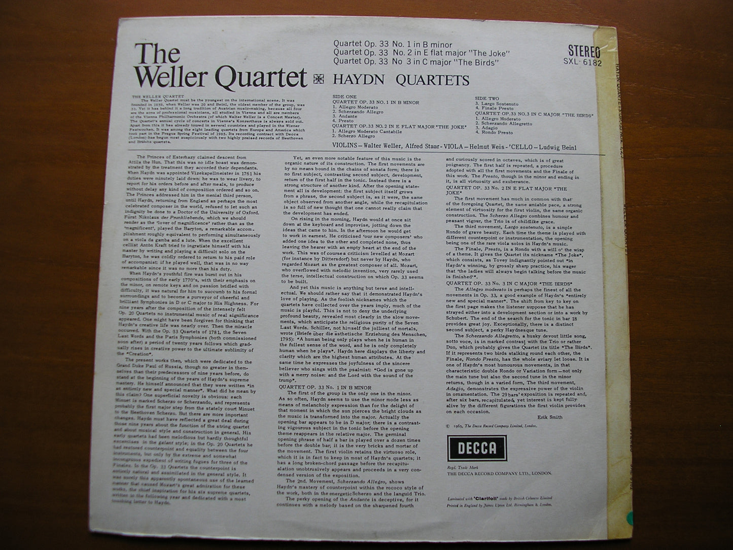 SXL 6182  HAYDN: THREE STRING QUARTETS Op. 33      THE WELLER QUARTET     ED2