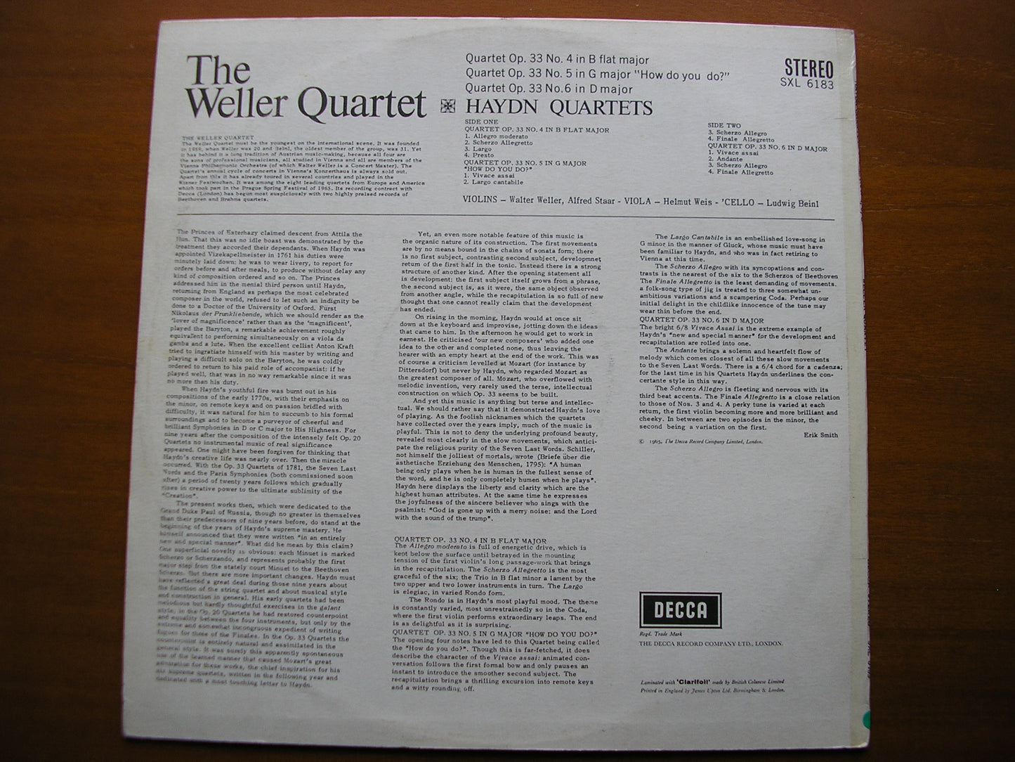 SXL 6183  HAYDN: THREE STRING QUARTETS Op. 33     THE WELLER QUARTET     ED2