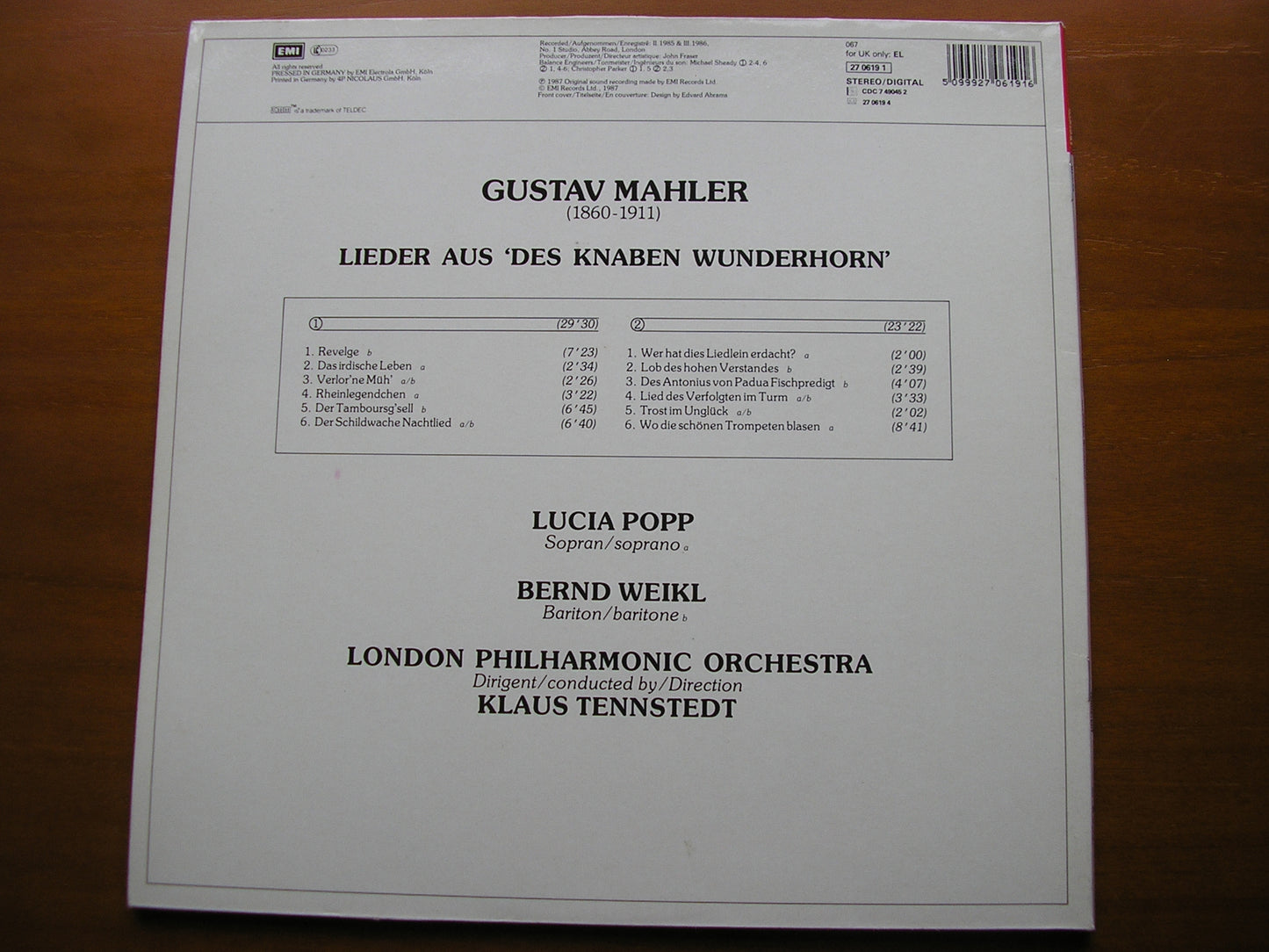 MAHLER: DES KNABEN WUNDERHORN      LUCIA POPP / BERND WEIKL / LONDON PHILHARMONIC ORCHESTRA / TENNSTEDT    27 0619