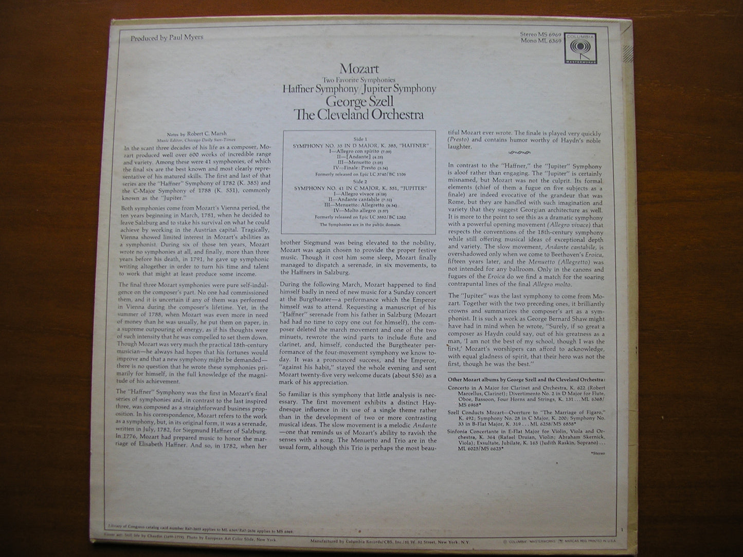 MOZART: SYMPHONIES  Nos. 35 'Haffner'  &  41  'Jupiter'      SZELL / CLEVELAND ORCHESTRA     MS 6969