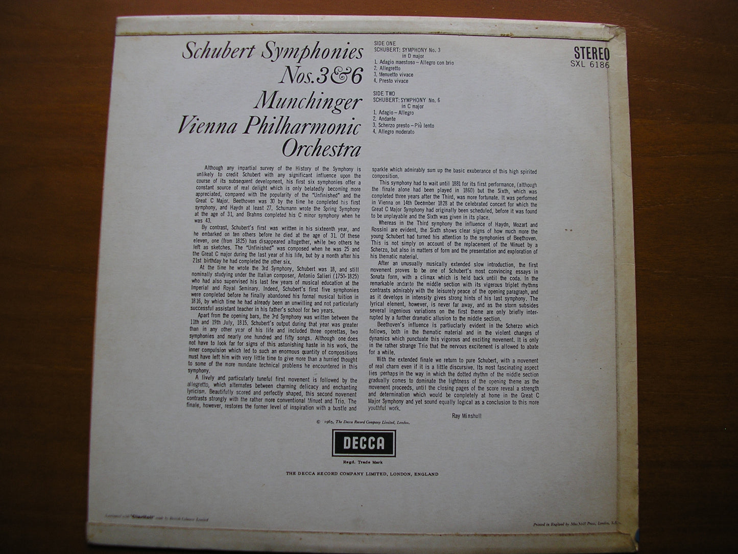 SXL 6186  SCHUBERT: SYMPHONIES Nos. 3 & 6      MUNCHINGER / VIENNA PHILHARMONIC     ED1