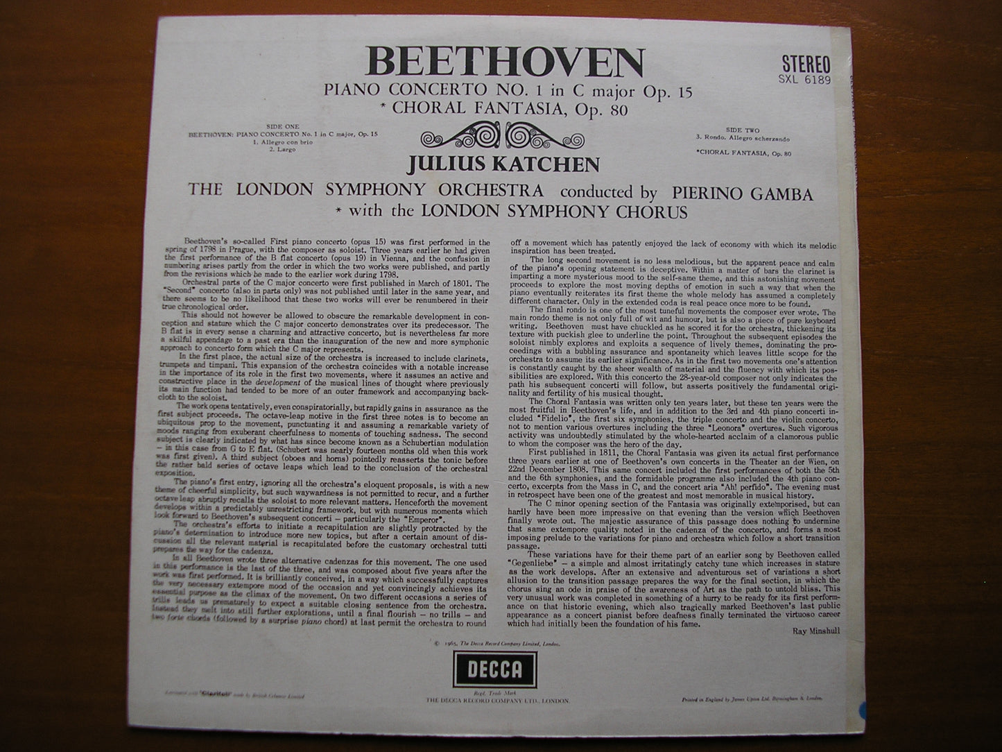 SXL 6189  BEETHOVEN: PIANO CONCERTO No. 1 / CHORAL FANTASIA    KATCHEN / LONDON SYMPHONY / GAMBA     ED1