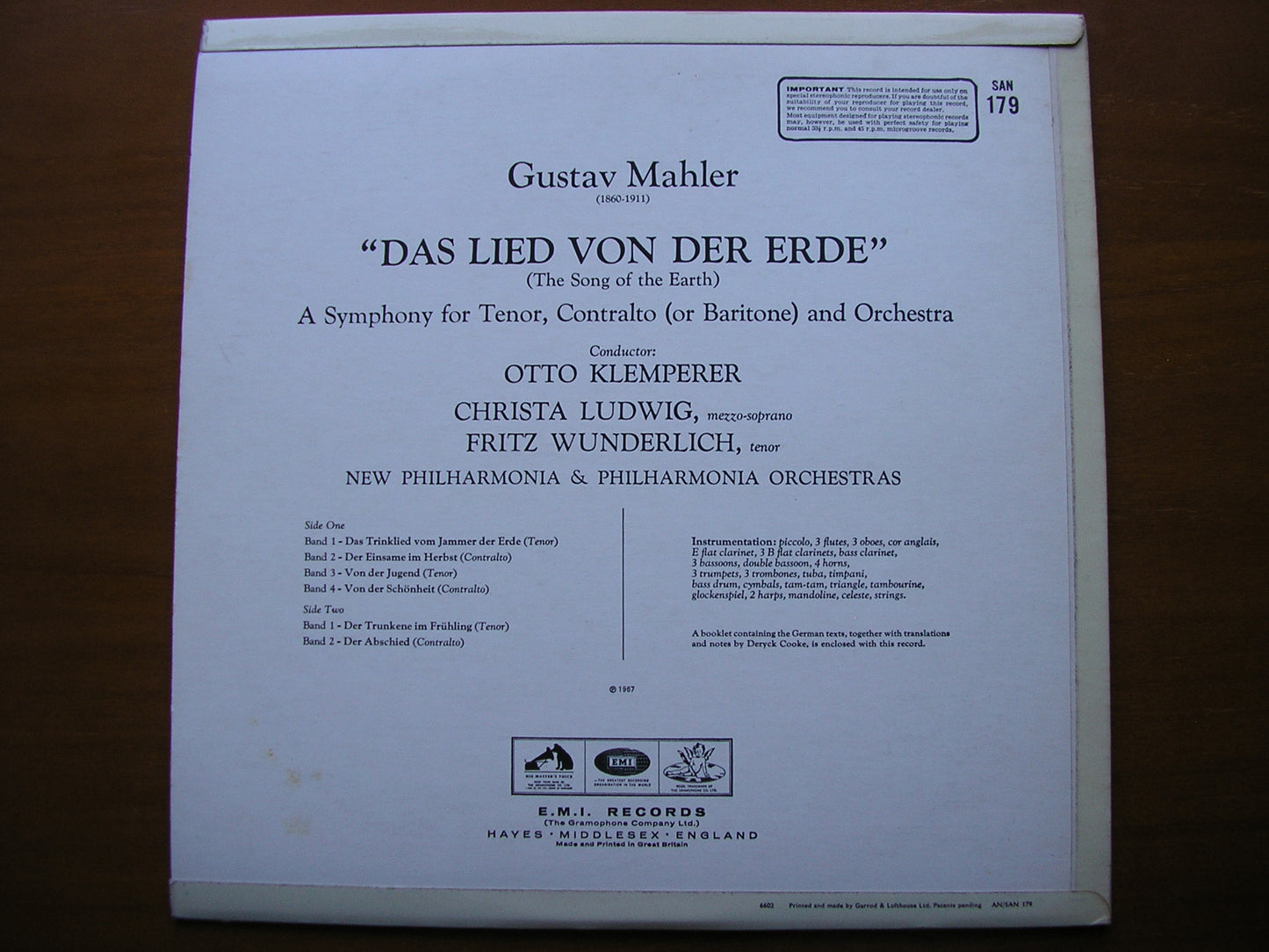 MAHLER: DAS LIED VON DER ERDE      LUDWIG / WUNDERLICH / NEW PHILHARMONIA / KLEMPERER      SAN 179