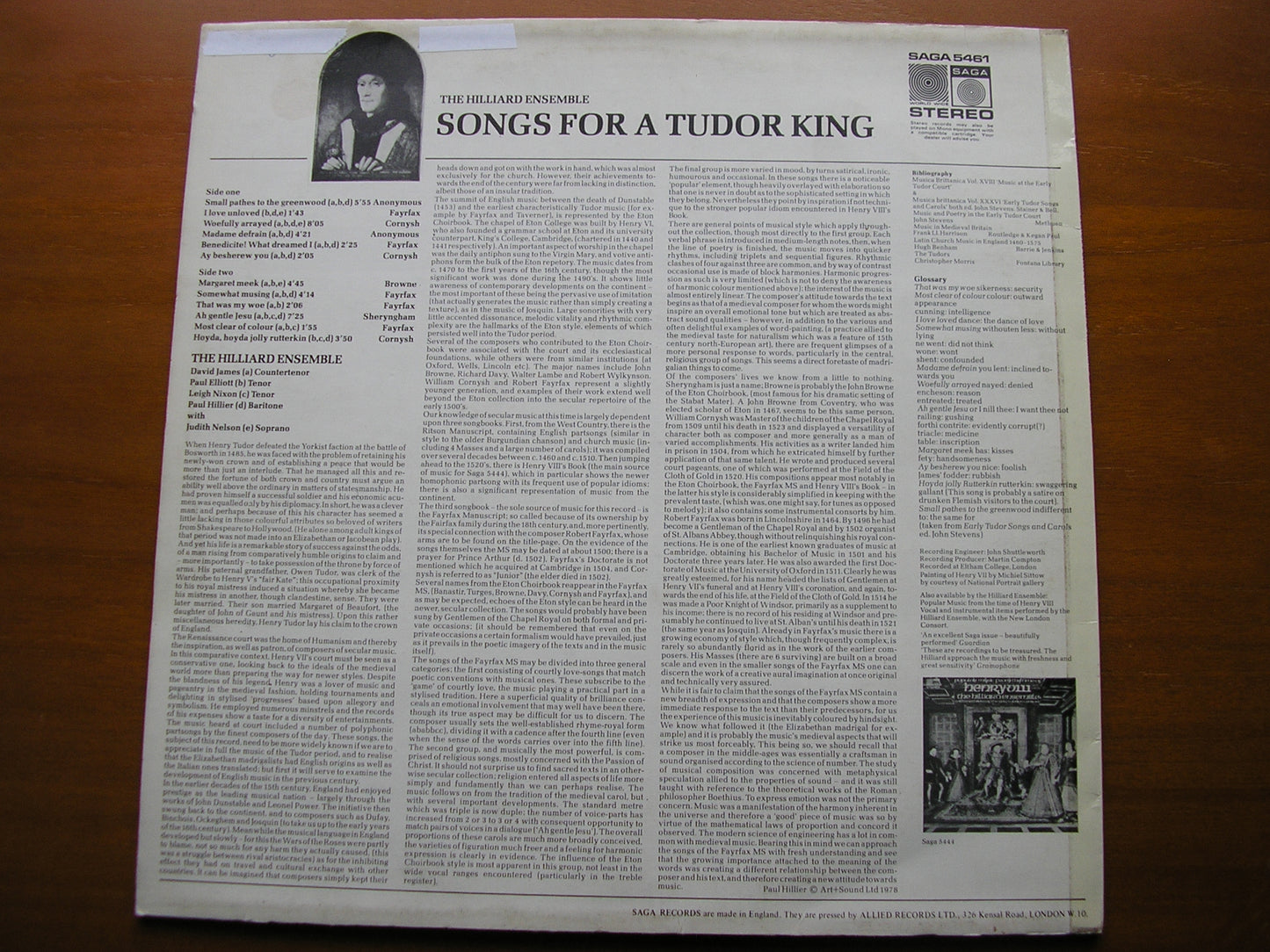 SONGS FOR A TUDOR KING: FAYRFAX / CORNYSH / BROWNE / SHERYNGHAM       THE HILLIARD ENSEMBLE    SAGA 5461