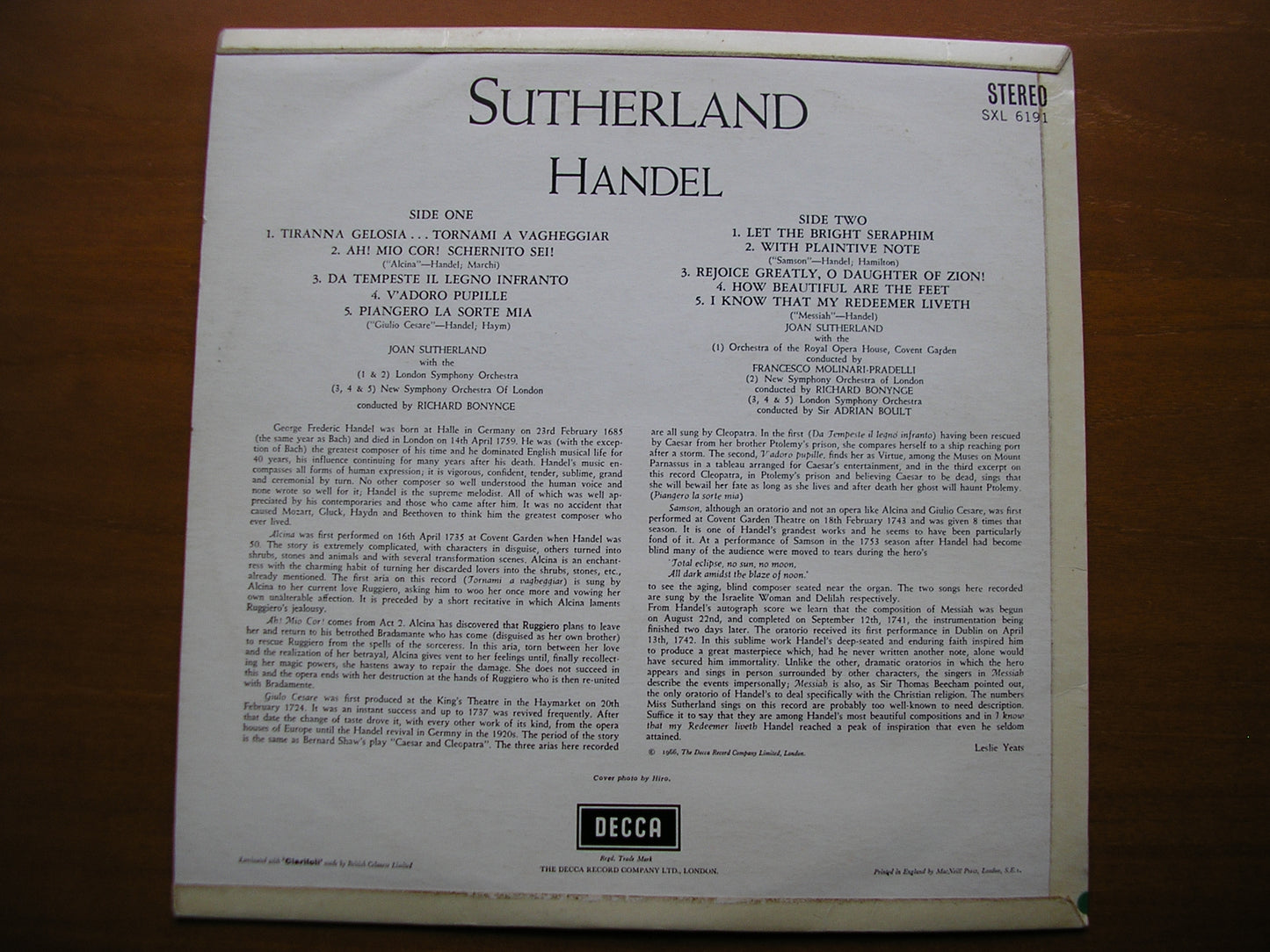 SXL 6191  SUTHERLAND SINGS HANDEL     BONYNGE / BOULT / MOLINARI-PRADELLI     ED2