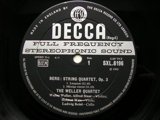 SXL 6196  SHOSTAKOVICH: STRING QUARTET No. 10 / BERG: QUARTET Op. 3      THE WELLER QUARTET     ED2