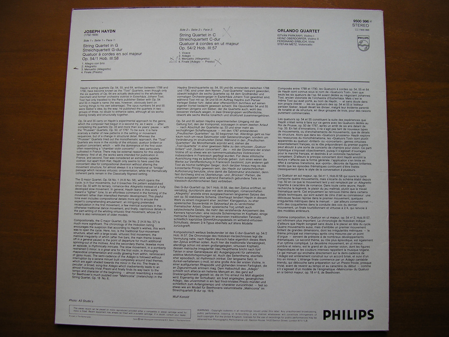 HAYDN: STRING QUARTETS Op. 54  nos. 1 & 2       ORLANDO QUARTET      9500 996