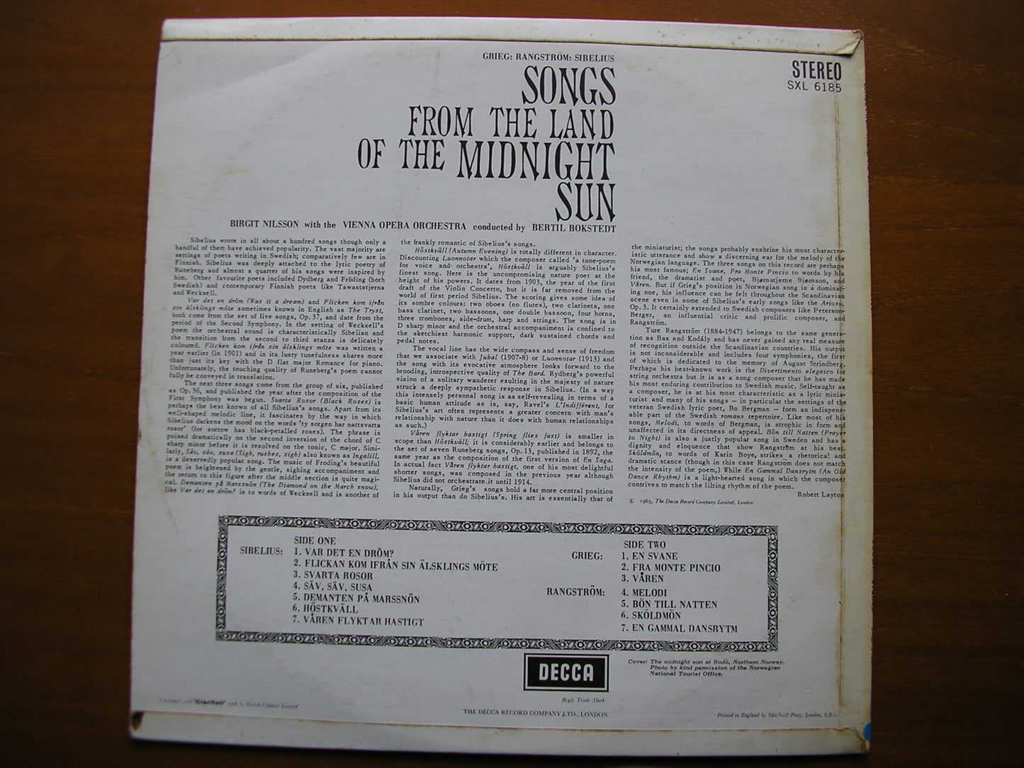 SXL 6185  SIBELIUS / GRIEG / RANGSTROM: SONGS       BIRGIT NILSSON / VIENNA OPERA ORCHESTRA / BOKSTEDT       ED1