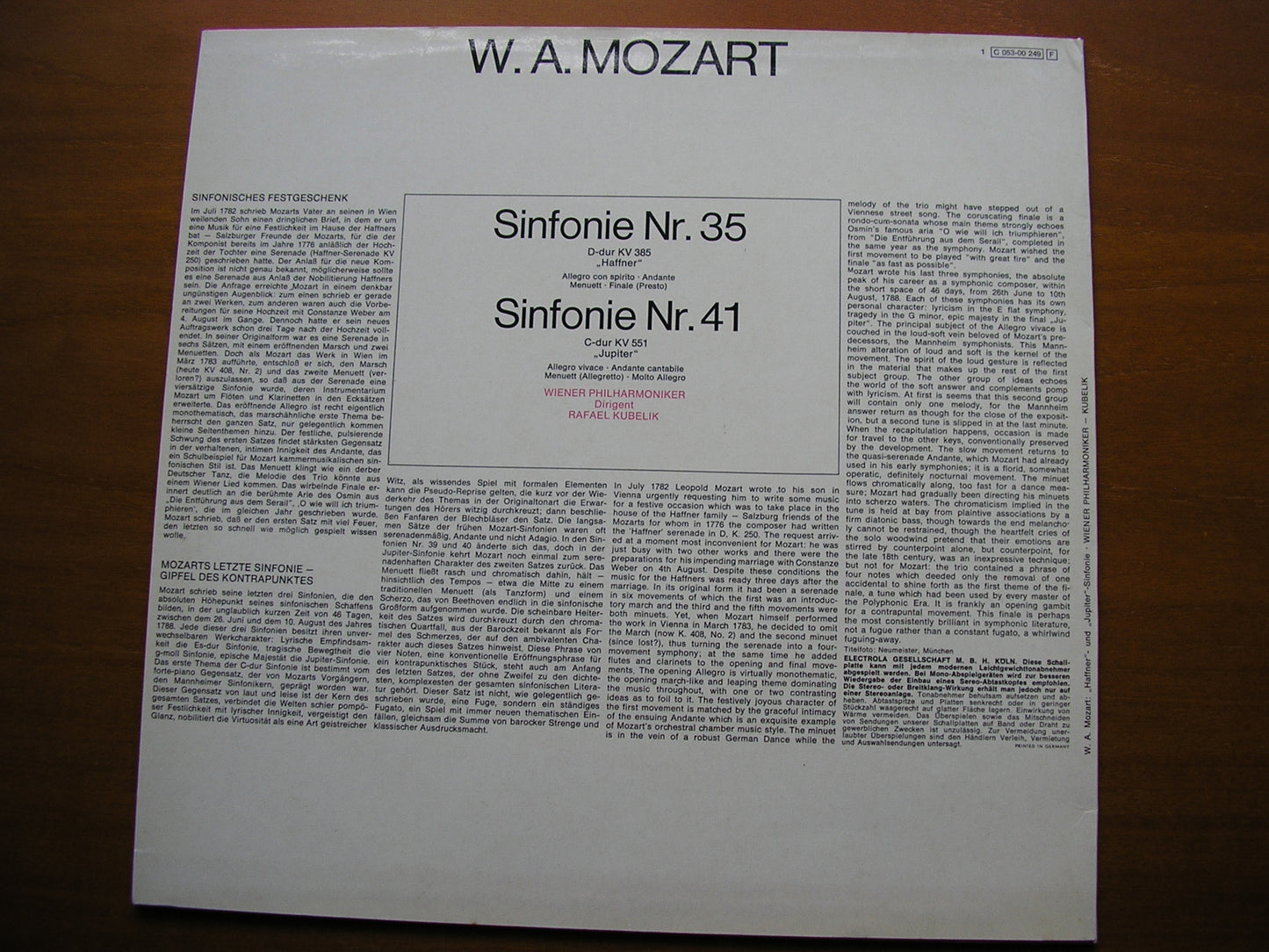 MOZART: SYMPHONIES Nos. 35 'Haffner'  &  41  'Jupiter'       KUBELIK / VIENNA    PHILHARMONIC     053 - 00249