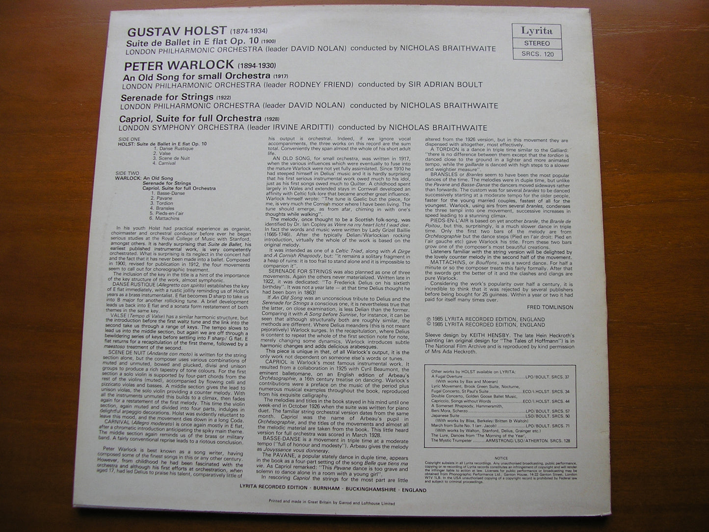 HOLST: SUITE DE BALLET / WARLOCK: SERENADE / CAPRIOL SUITE      BRAITHWAITE / BOULT / LPO / LSO      SRCS 120