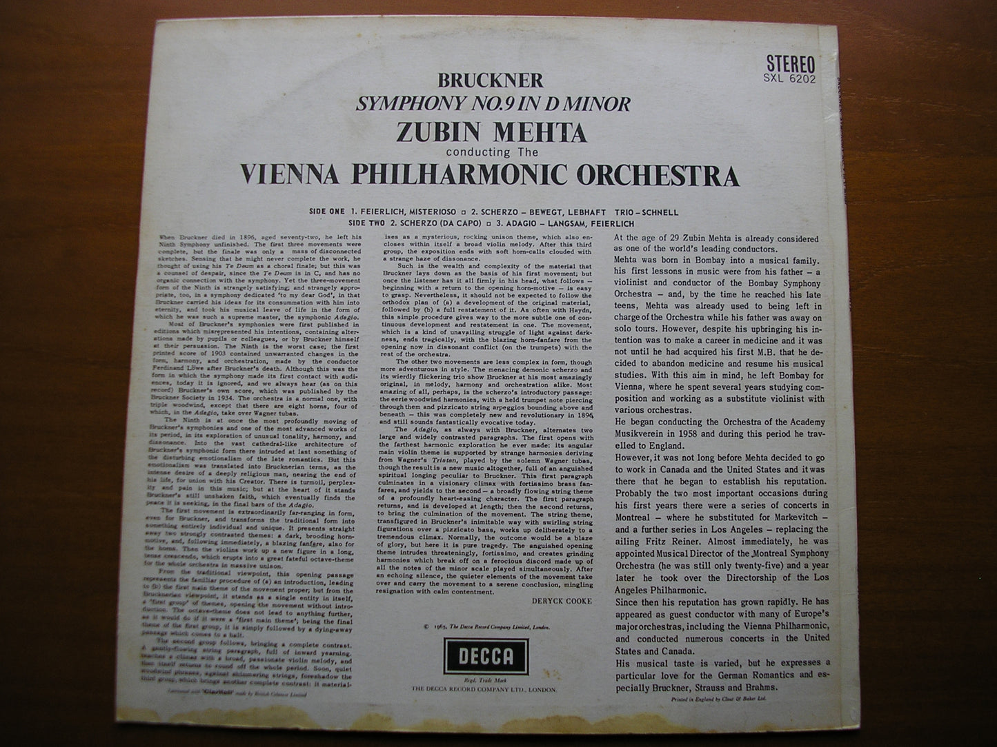 SXL 6202  BRUCKNER: SYMPHONY No.9     MEHTA / VIENNA PHILHARMONIC     ED1