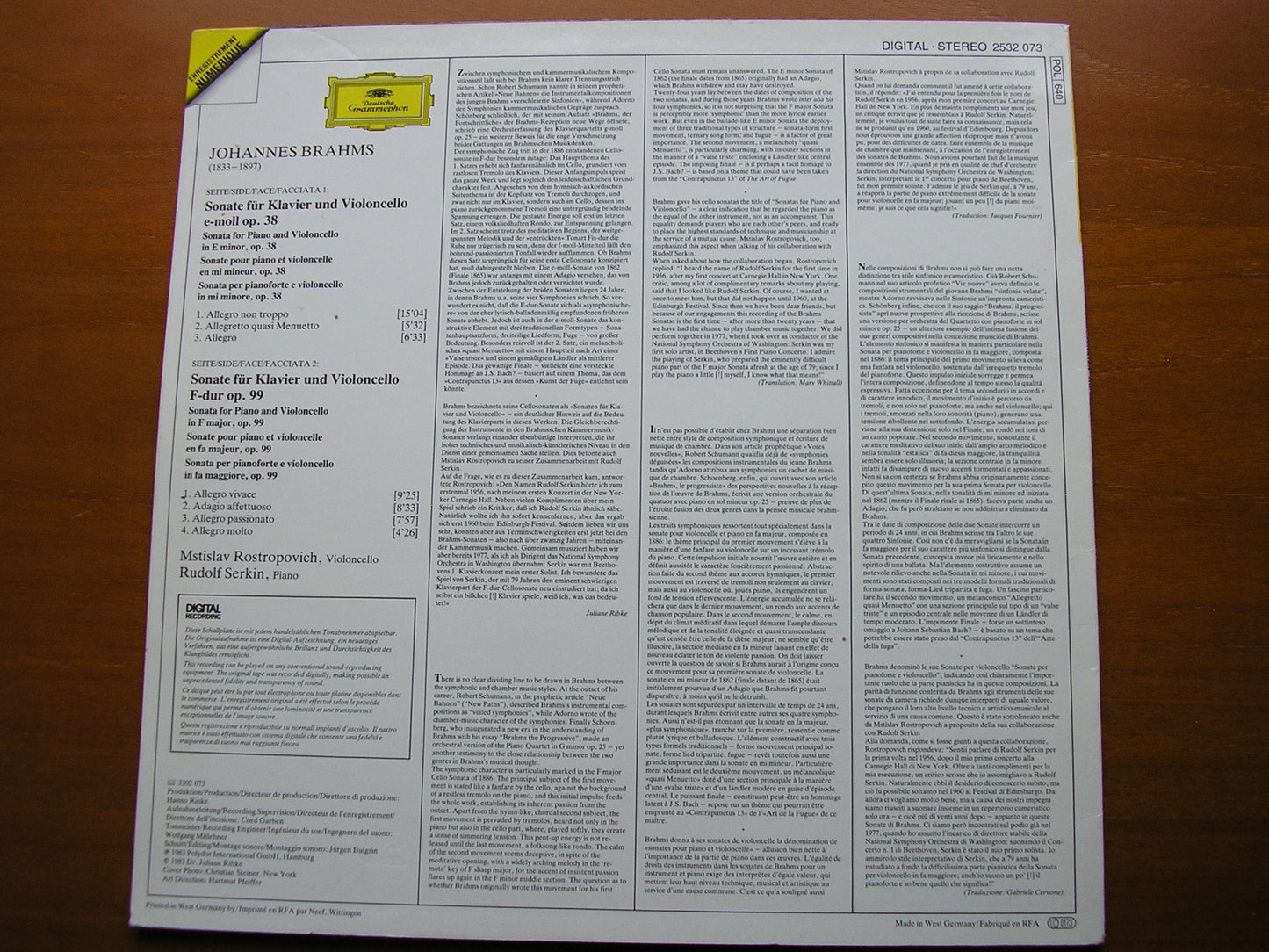 BRAHMS: THE CELLO SONATAS     MSTISLAV ROSTROPOVICH / RUDOLF SERKIN     2532 073