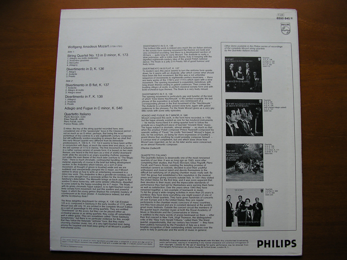 MOZART: STRING QUARTET No. 13 / DIVERTIMENTI K136 / 137 / 138 / ADAGIO & FUGUE K546       QUARTETTO ITALIANO      6500 645