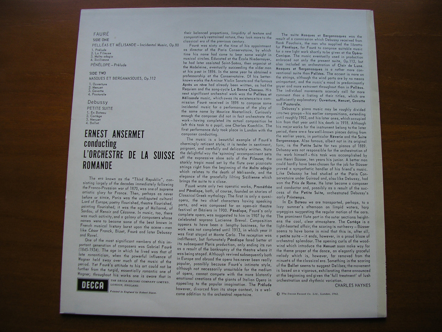 FAURE: PELLEAS & MELISANDE / MASQUES ET BERGAMASQUES       ANSERMET / SUISSE ROMANDE     SXL 2303