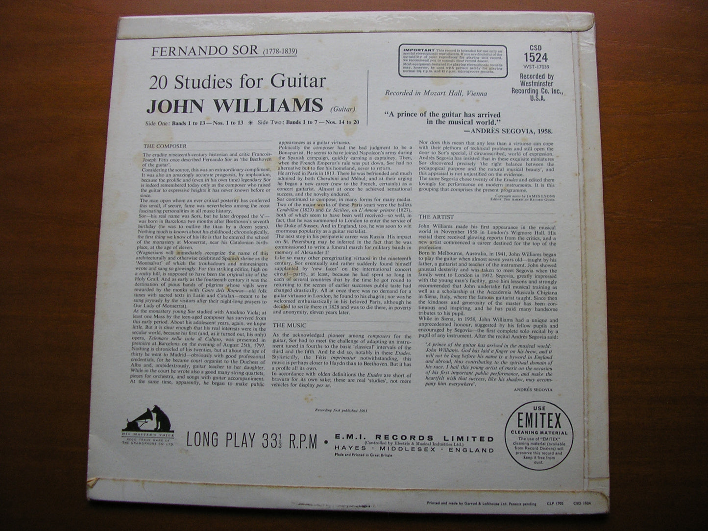 SOR: 20 STUDIES FOR GUITAR    JOHN WILLIAMS       CSD 1524