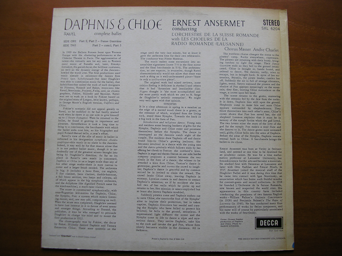 SXL 6204  RAVEL: DAPHNIS & CHLOE   complete ballet     ANSERMET / SUISSE ROMANDE    ED1