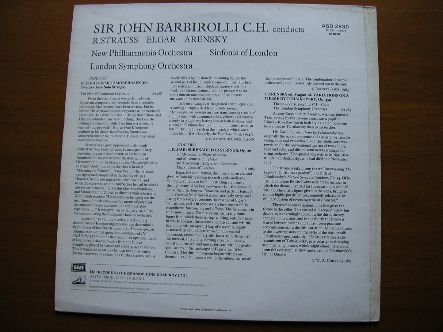 STRAUSS: METAMORPHOSEN / ELGAR: SERENADE / ARENSKY: VARIATIONS      BARBIROLLI /  LSO / NPO       ASD 2830