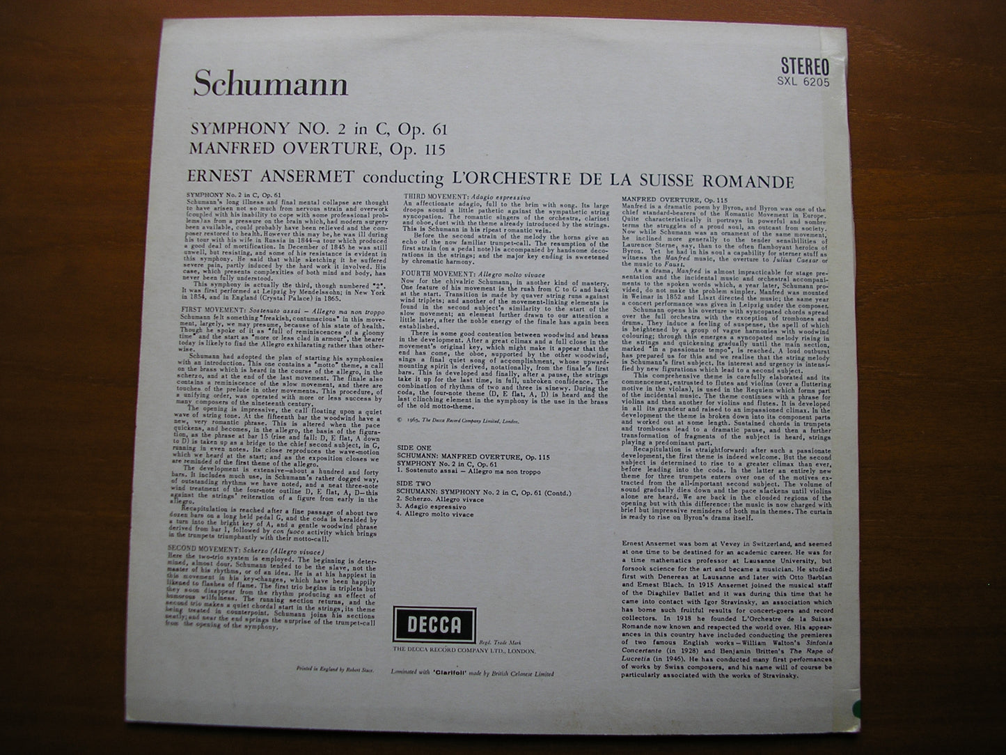 SXL 6205  SCHUMANN: SYMPHONY No. 2 / MANFRED OVERTURE     ANSERMET /SUISSE ROMANDE     ED2