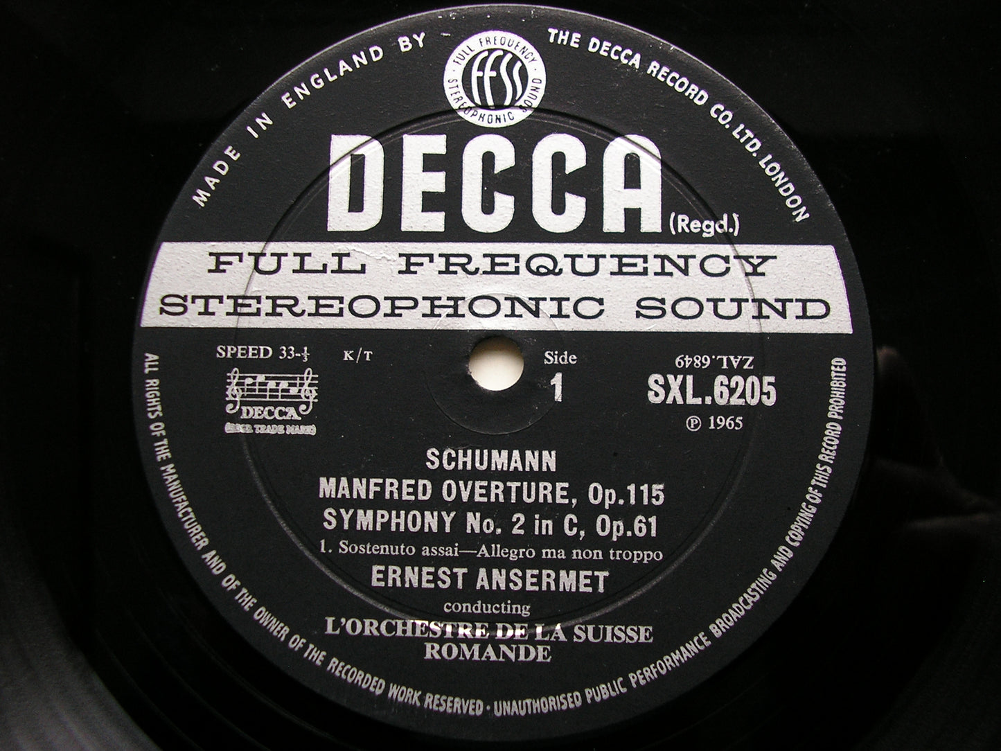 SXL 6205  SCHUMANN: SYMPHONY No. 2 / MANFRED OVERTURE     ANSERMET /SUISSE ROMANDE     ED2