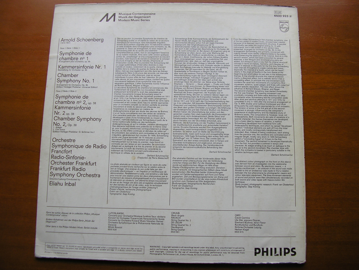 SCHOENBERG: CHAMBER SYMPHONIES Nos. 1 & 2      INBAL / FRANKFURT RADIO SYMPHONY      6500 923