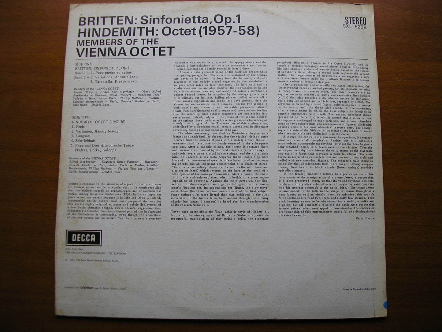 SXL 6208  BRITTEN: SINFONIETTA / HINDEMITH: OCTET     THE VIENNA OCTET      ED1