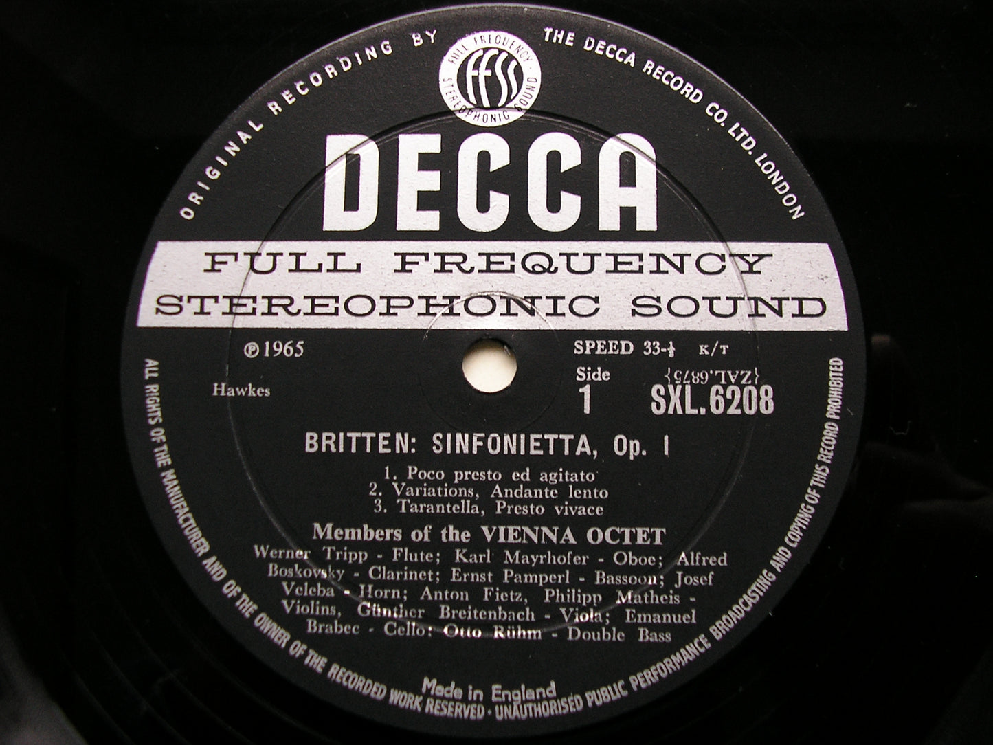 SXL 6208  BRITTEN: SINFONIETTA / HINDEMITH: OCTET     THE VIENNA OCTET      ED1