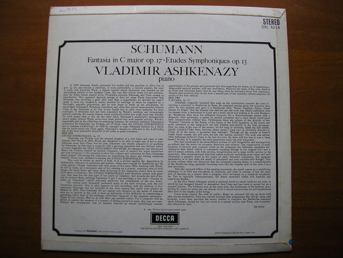 SXL 6214  SCHUMANN: FANTASIA in C / ETUDES SYMPHONIQUES      ASHKENAZY     ED1