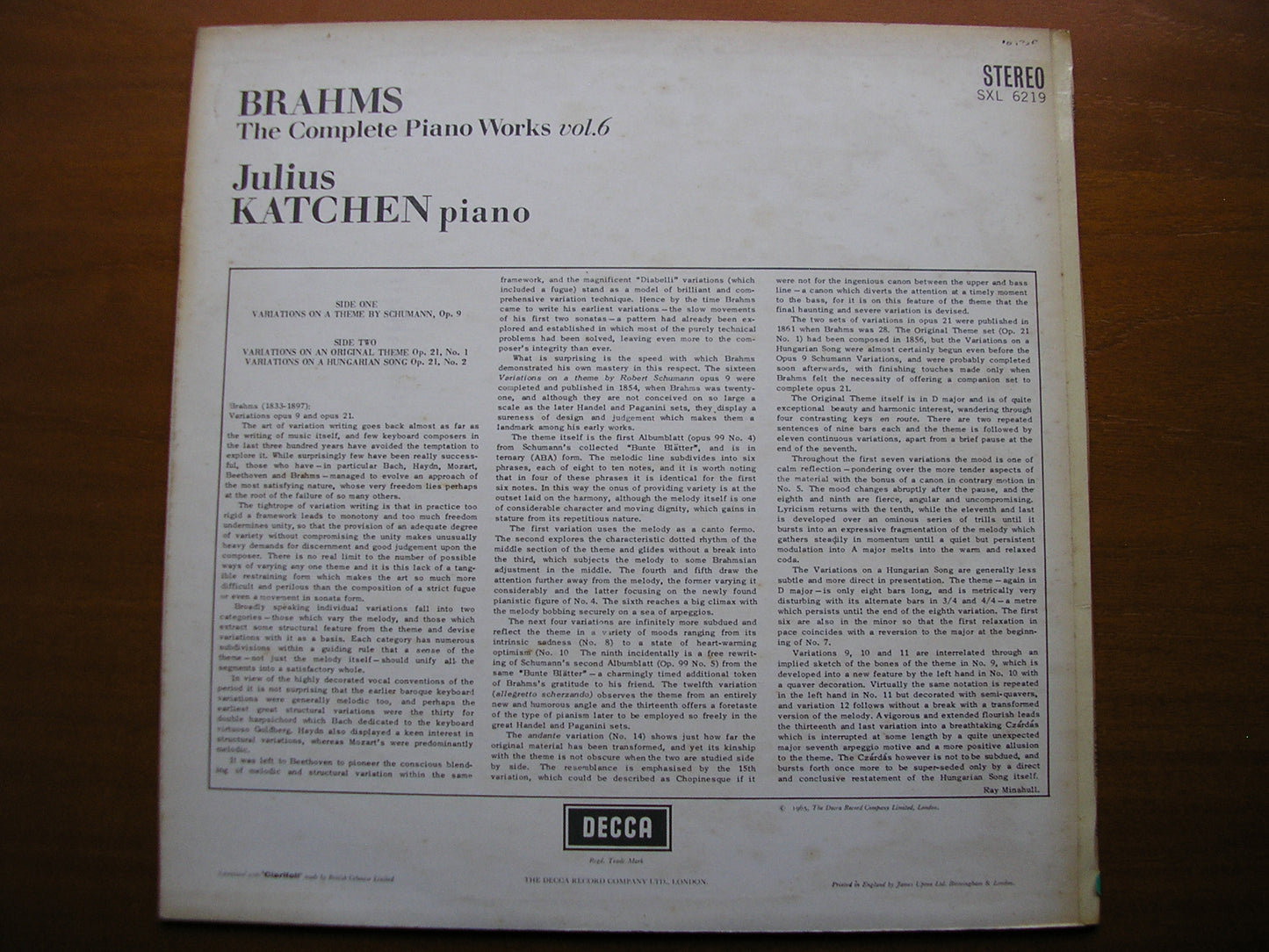 SXL 6219  BRAHMS: COMPLETE PIANO WORKS  Volume 6       JULIUS KATCHEN    ED2