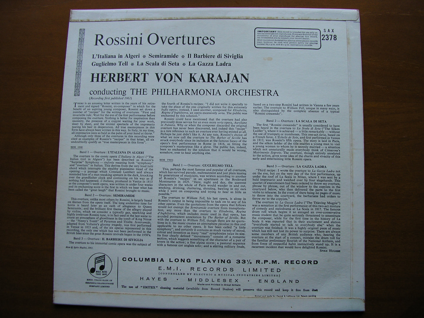 ROSSINI: SIX OVERTURES      KARAJAN / PHILHARMONIA      SAX 2378