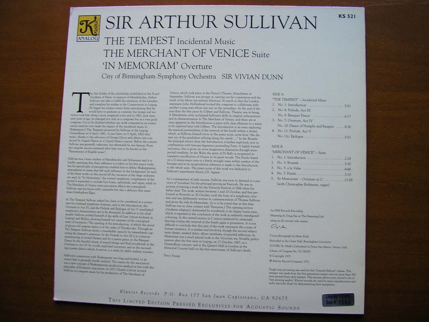 SULLIVAN: THE MERCHANT OF VENICE / THE TEMPEST / IN MEMORIAM   DUNN / CITY OF BIRMINGHAM SYMPHONY   KS 521