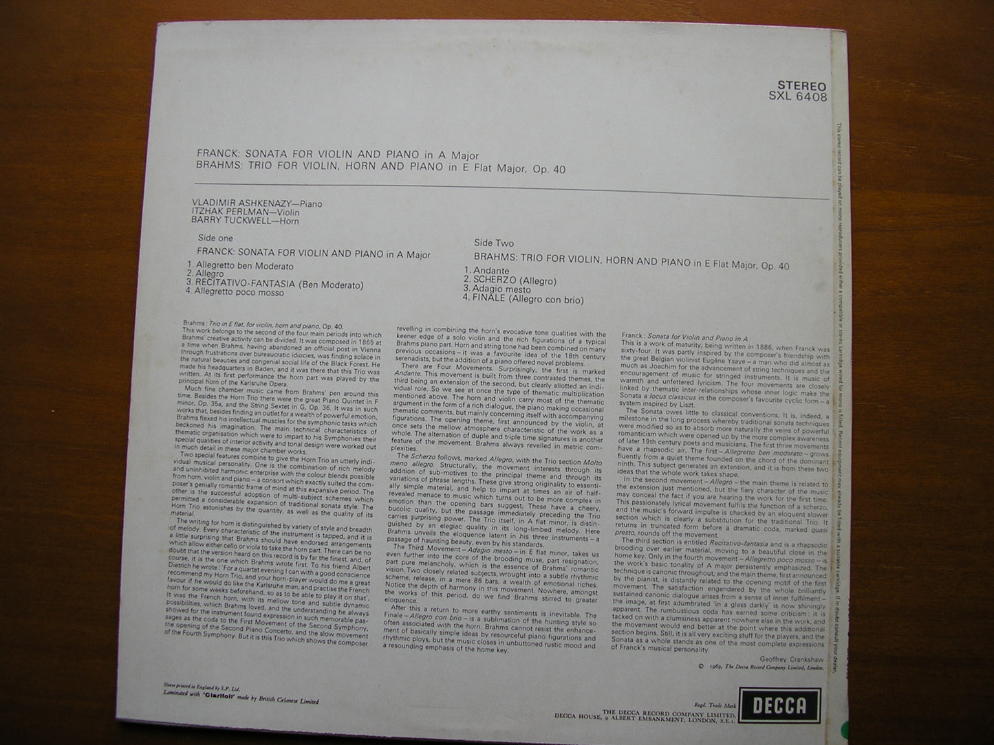 BRAHMS: HORN TRIO Op. 40 / FRANCK: SONATA FOR VIOLIN & PIANO    ASHKENAZY / TUCKWELL / PERLMAN    ED3     SXL 6408