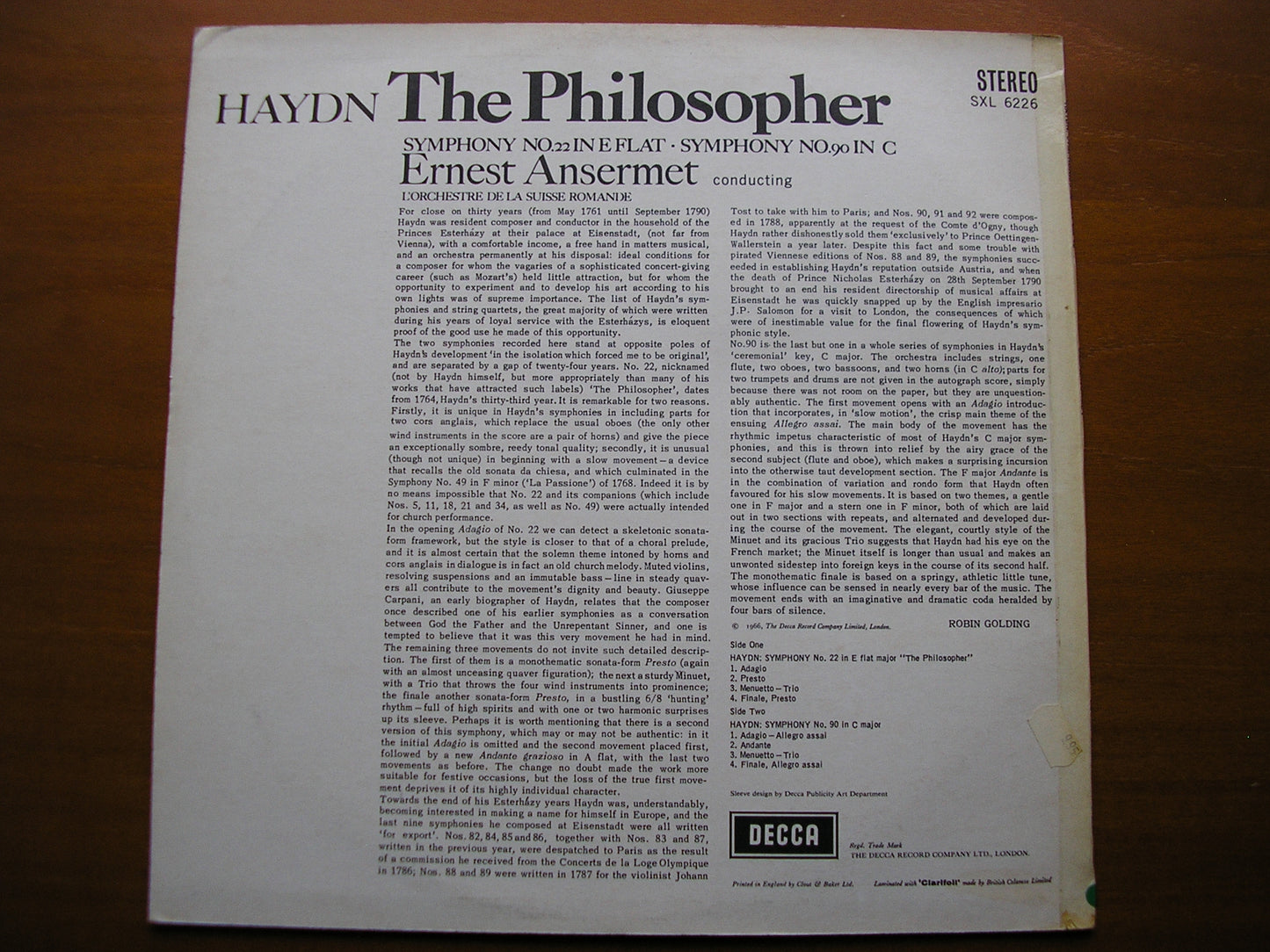 SXL 6226  HAYDN: SYMPHONIES Nos. 22 & 90      ANSERMET / SUISSE ROMANDE     ED2