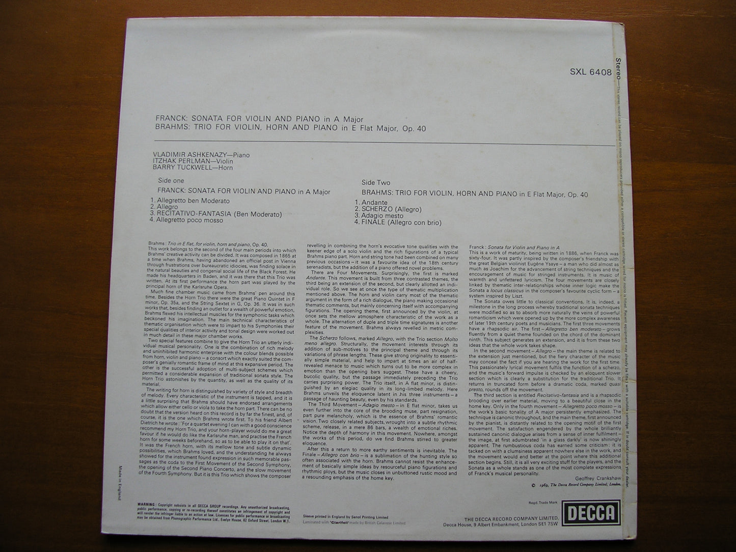 BRAHMS: HORN TRIO Op. 40 / FRANCK: SONATA FOR VIOLIN & PIANO     ASHKENAZY / TUCKWELL / PERLMAN      SXL 6408