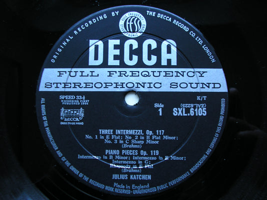 SXL 6105  BRAHMS: COMPLETE PIANO WORKS  Volume 1       JULIUS KATCHEN     ED1
