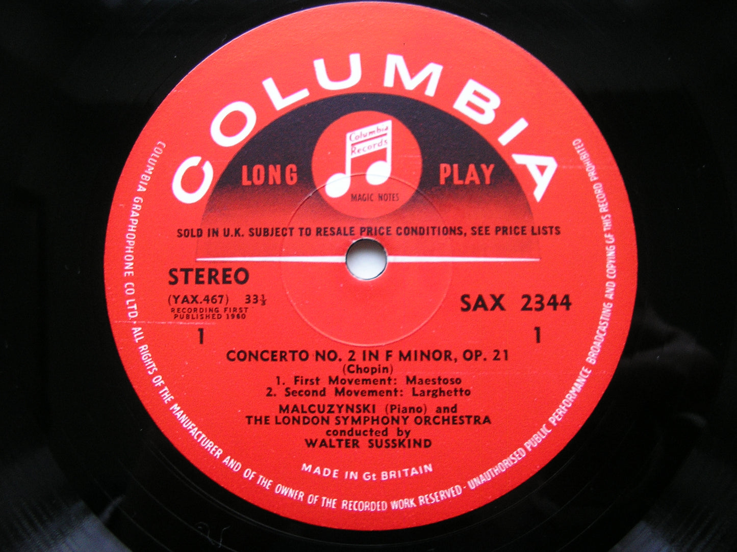 CHOPIN: PIANO CONCERTO No. 2 / FANTAISIE in F    MALCUZYNSKI / LONDON SYMPHONY / SUSSKIND      SAX 2344