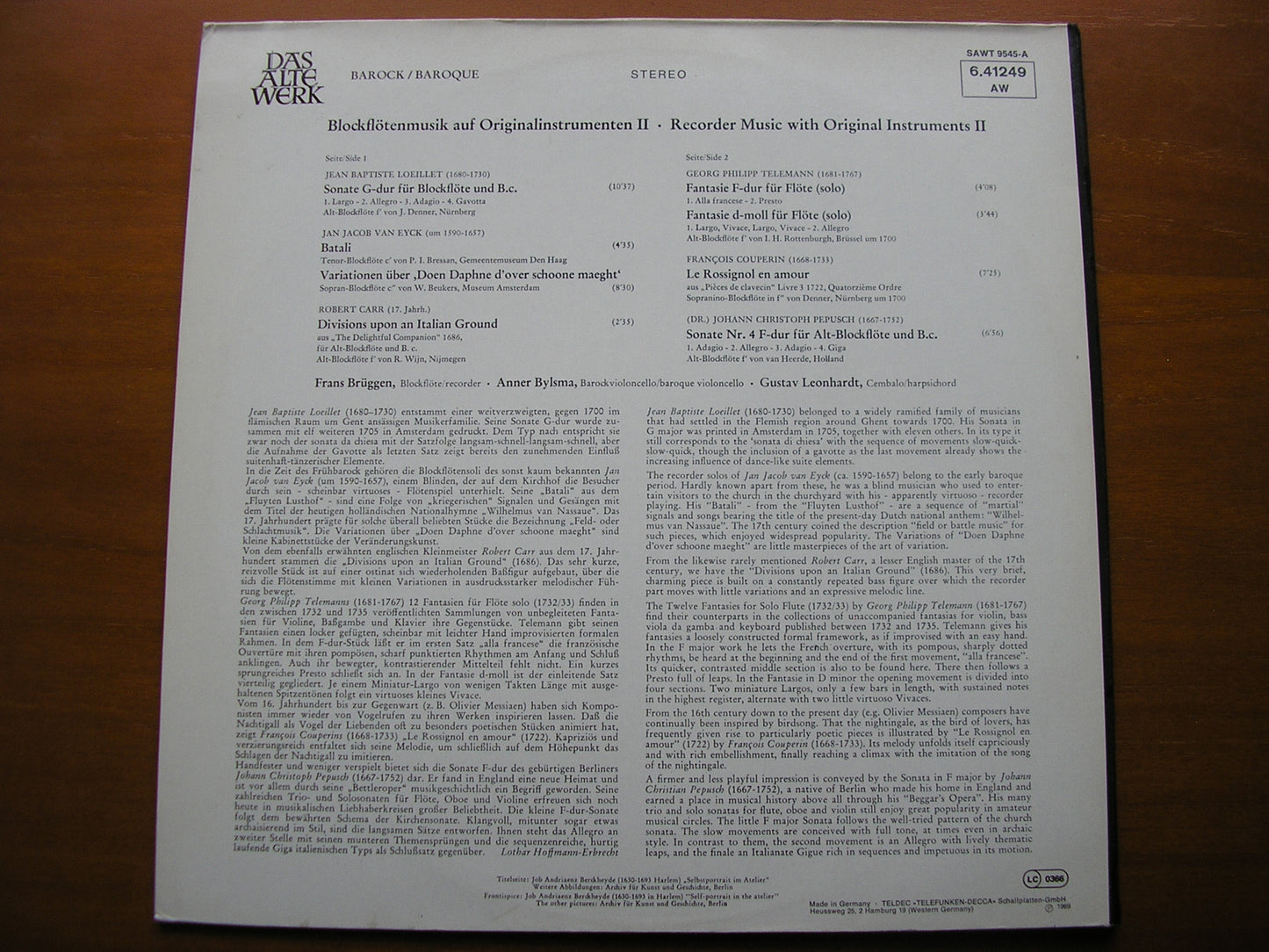 TELEMANN / LOEILLET / VAN EYCK / CARR / COUPERIN / PEPUSCH: MUSIC FOR RECORDER      BRUGGEN / BYLSMA / LEONHARDT     6.41249