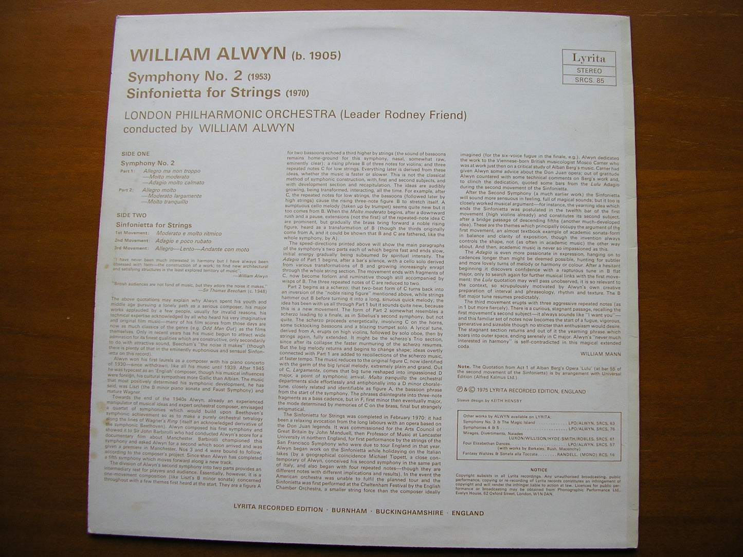 ALWYN: SYMPHONY No. 2 / SINFONIETTA     ALWYN / LONDON PHILHARMONIC     SRCS 85