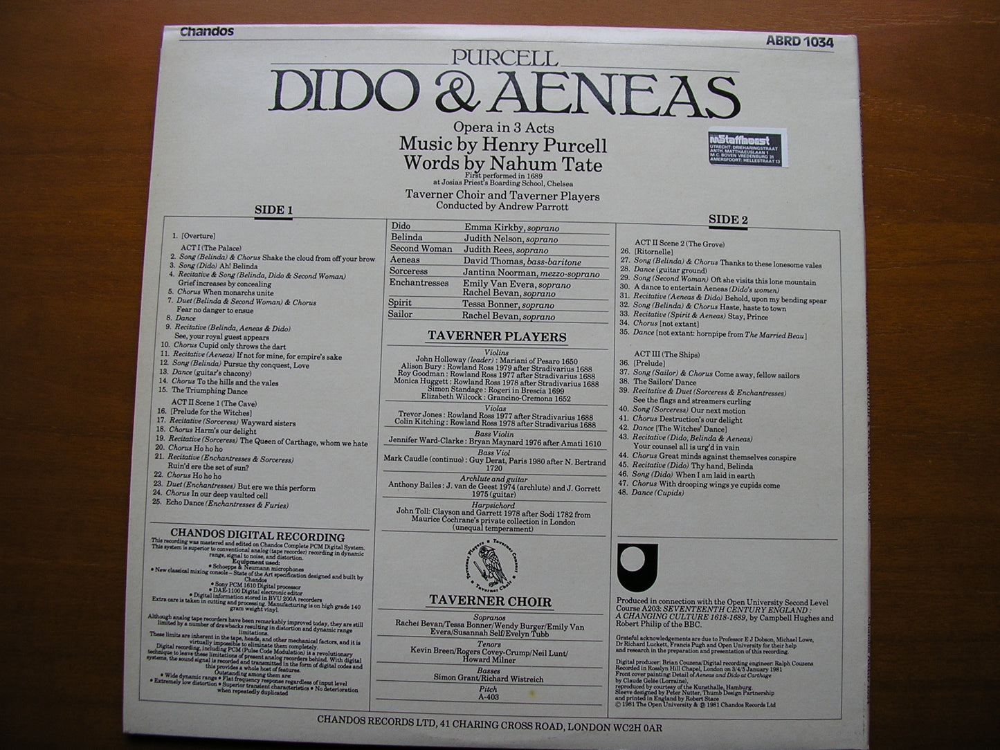 PURCELL: DIDO & AENEAS (1689)      KIRKBY / NELSON / THOMAS / TAVERNER PLAYERS / PARROTT     ABRD 1034