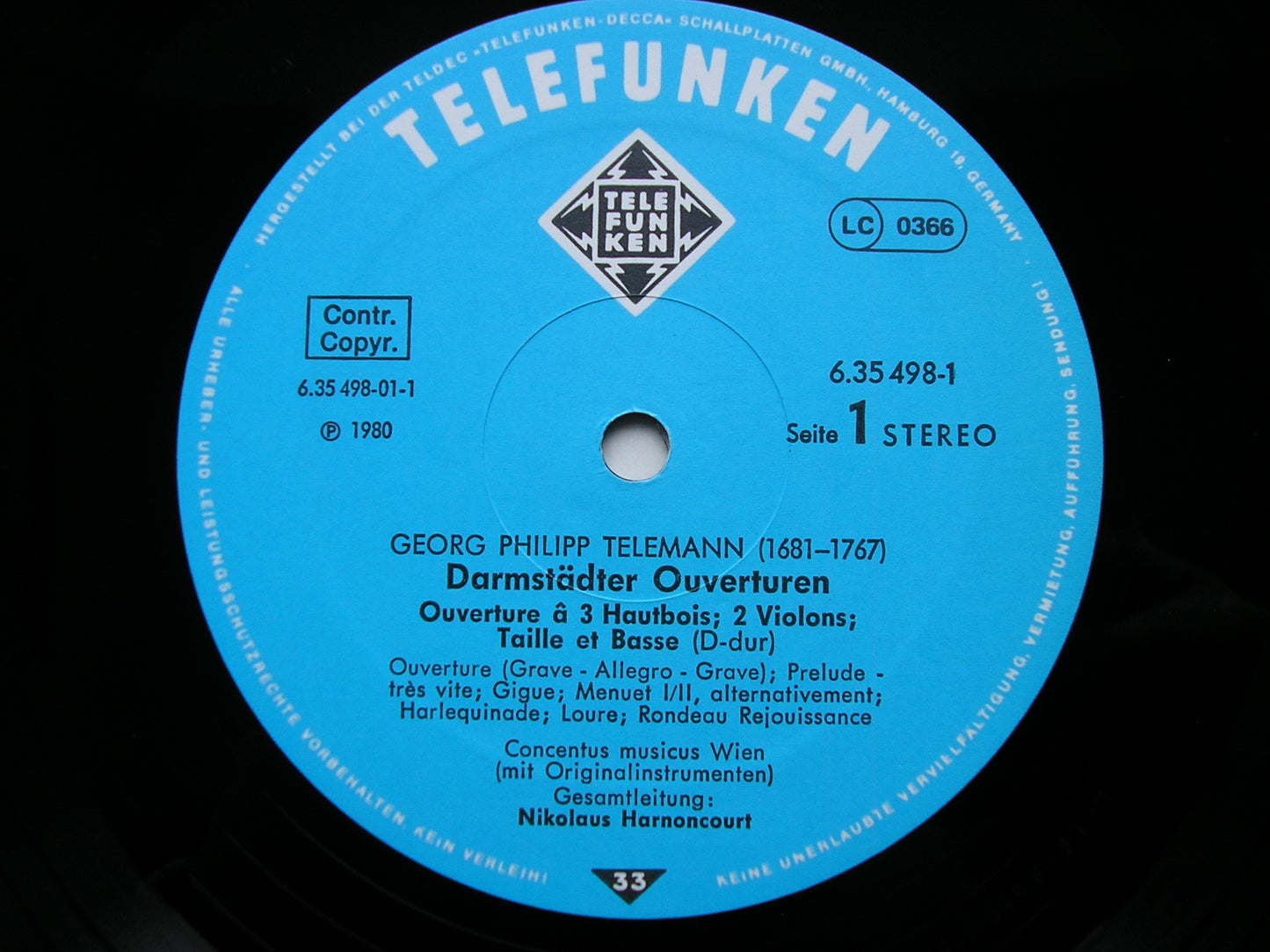 TELEMANN: DARMSTADT OVERTURES      HARNONCOURT / CONCENTUS MUSICUS WIEN    2LP     6.35498