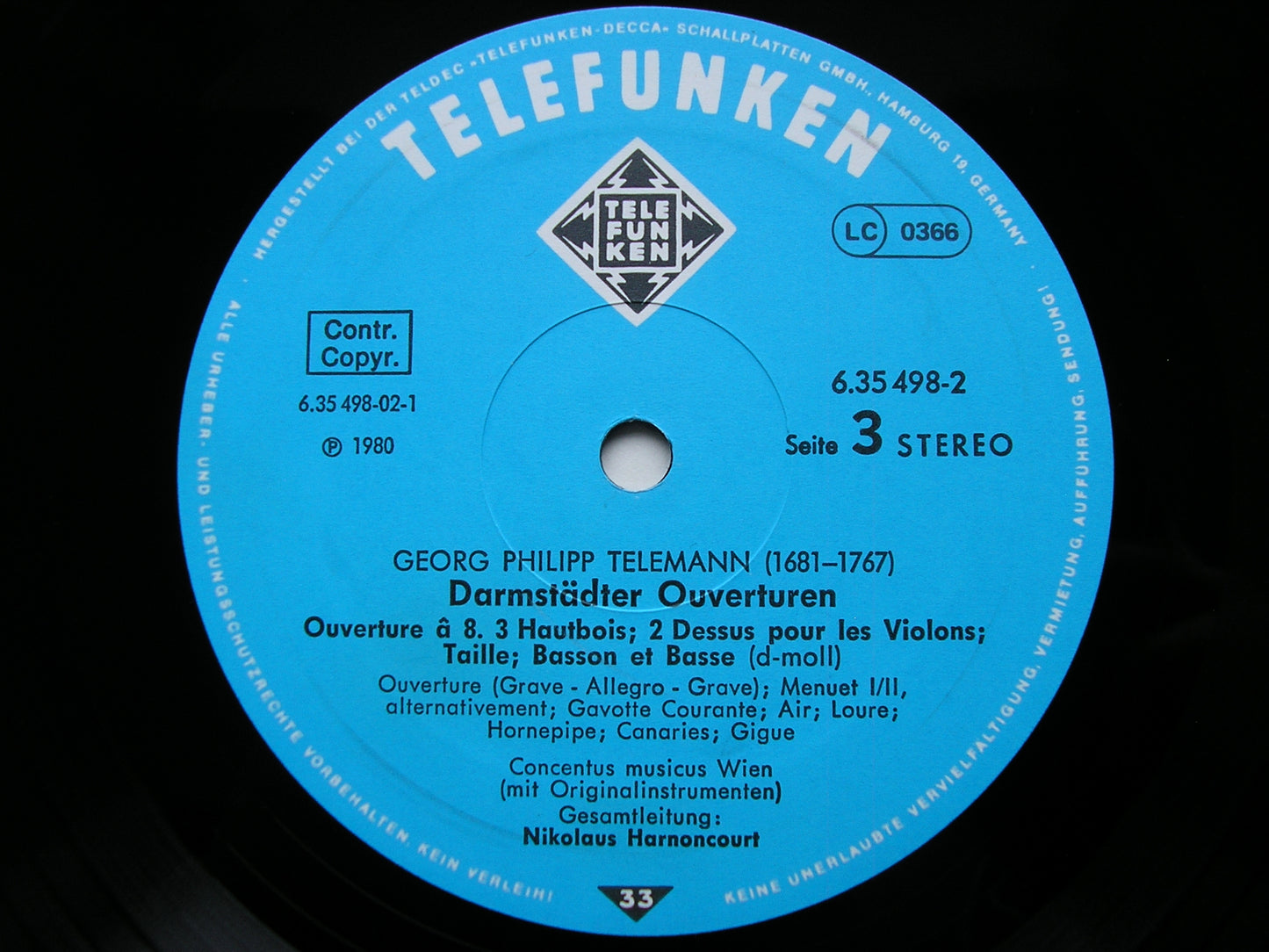 TELEMANN: DARMSTADT OVERTURES      HARNONCOURT / CONCENTUS MUSICUS WIEN    2LP     6.35498