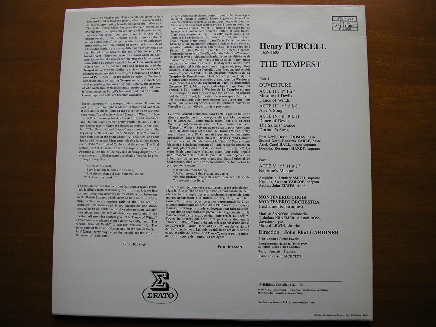 PURCELL: THE TEMPEST     SOLOISTS / MONTEVERDI CHOIR & ORCHESTRA / GARDINER     STU 71274