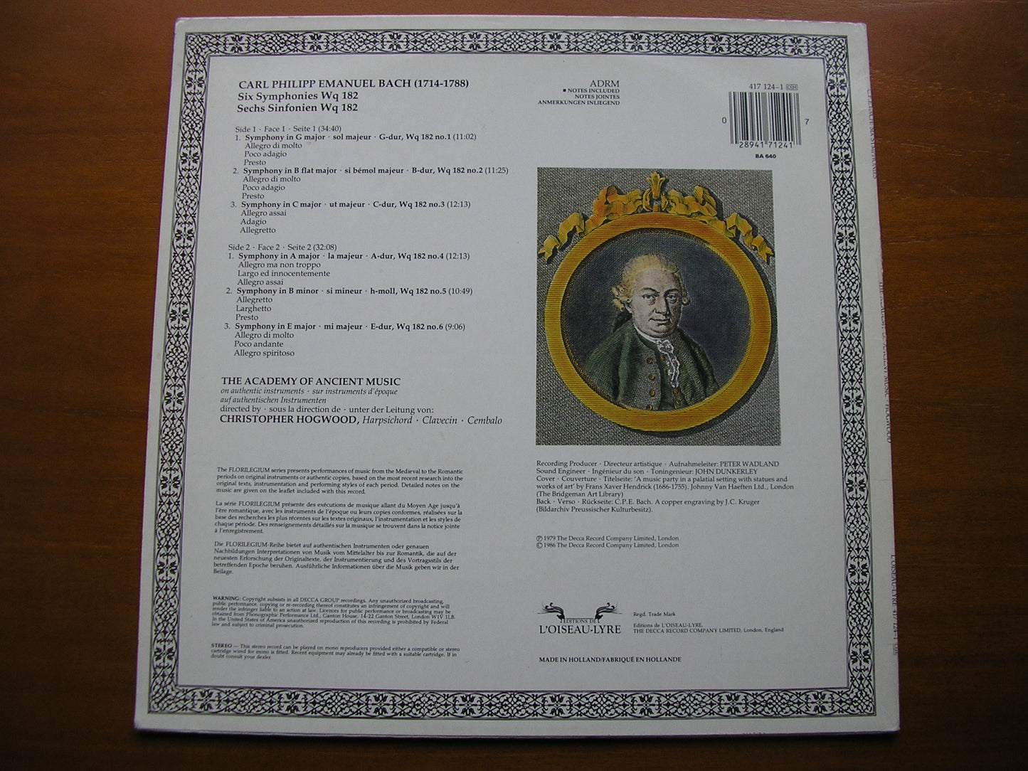 BACH, CARL PHILLIP EMANUEL: SIX SYMPHONIES Wq.182      HOGWOOD / ACADEMY OF ANCIENT MUSIC     417 124