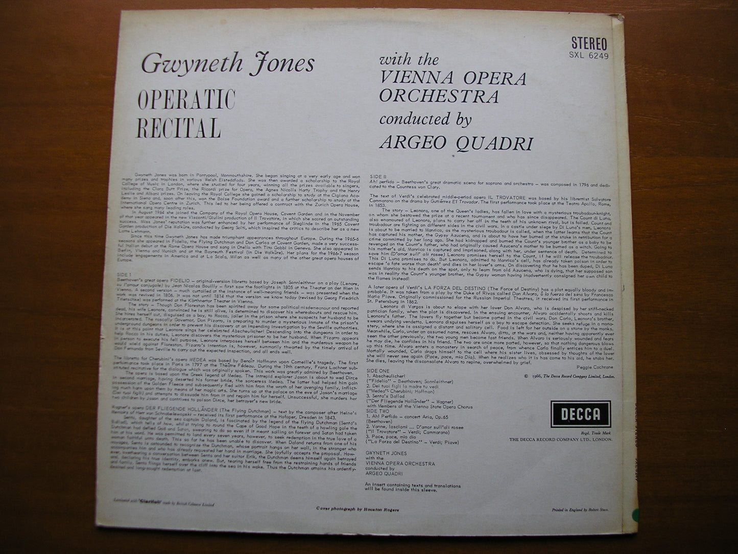 SXL 6249  GWYNETH JONES SINGS OPERA ARIAS: VERDI / WAGNER / CHERUBINI / BEETHOVEN      VIENNA OPERA ORCHESTRA / QUADRI    ED2