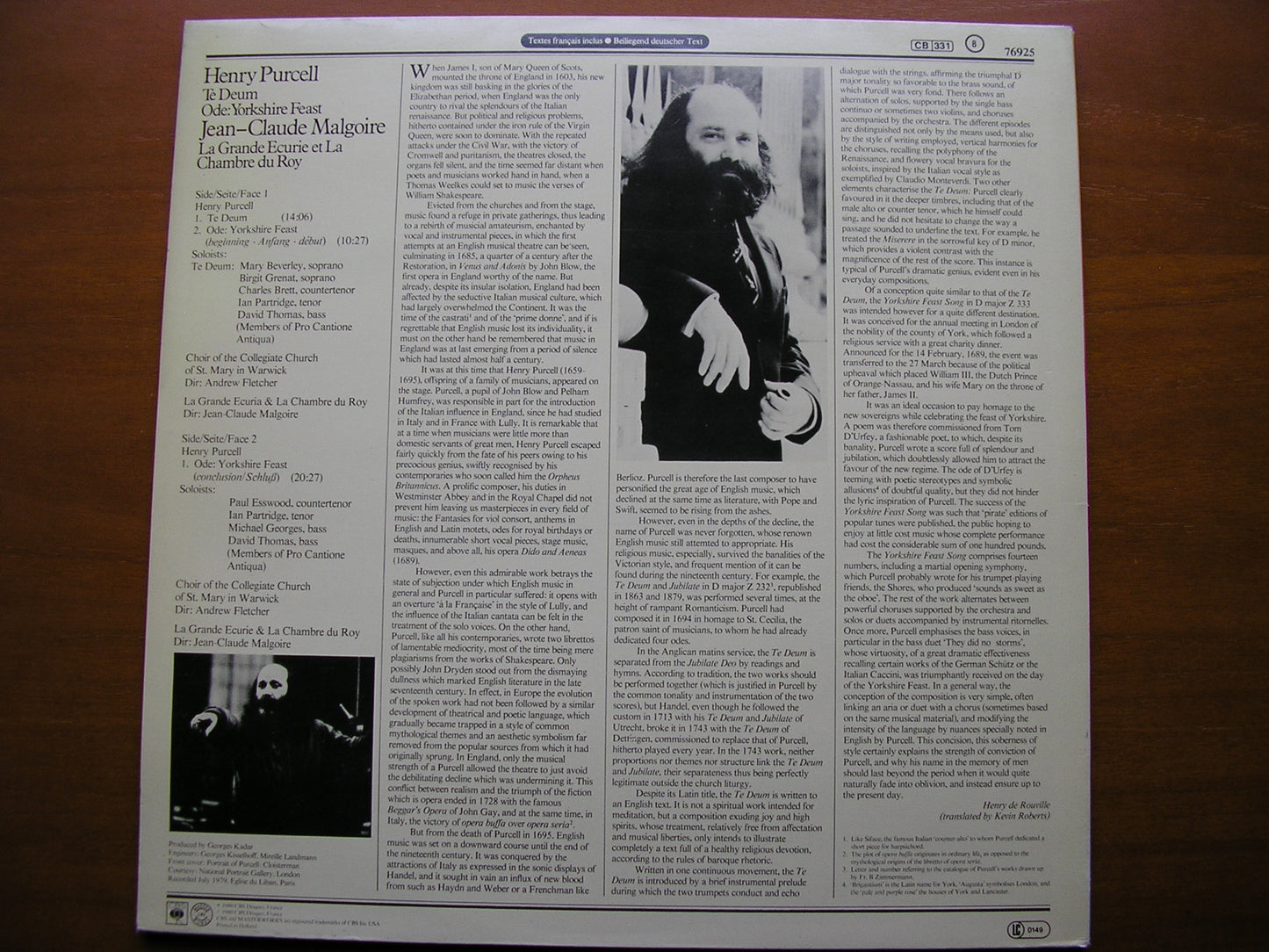 PURCELL: TE DEUM / ODE: YORKSHIRE FEAST    SOLOISTS / LA GRANDE ECURIE ET LA CHAMBRE DU ROY / MALGOIRE     76925