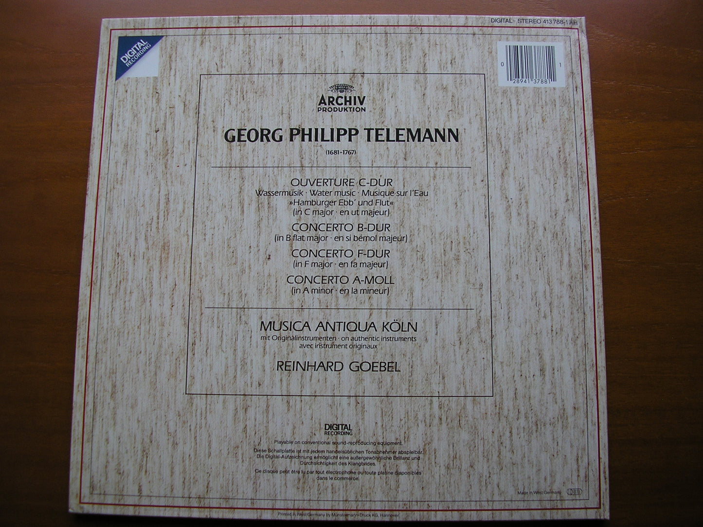 TELEMANN: WASSERMUSIK / THREE CONCERTOS      MUSICA ANTIQUA COLOGNE / REINHARD GOEBEL      413 788