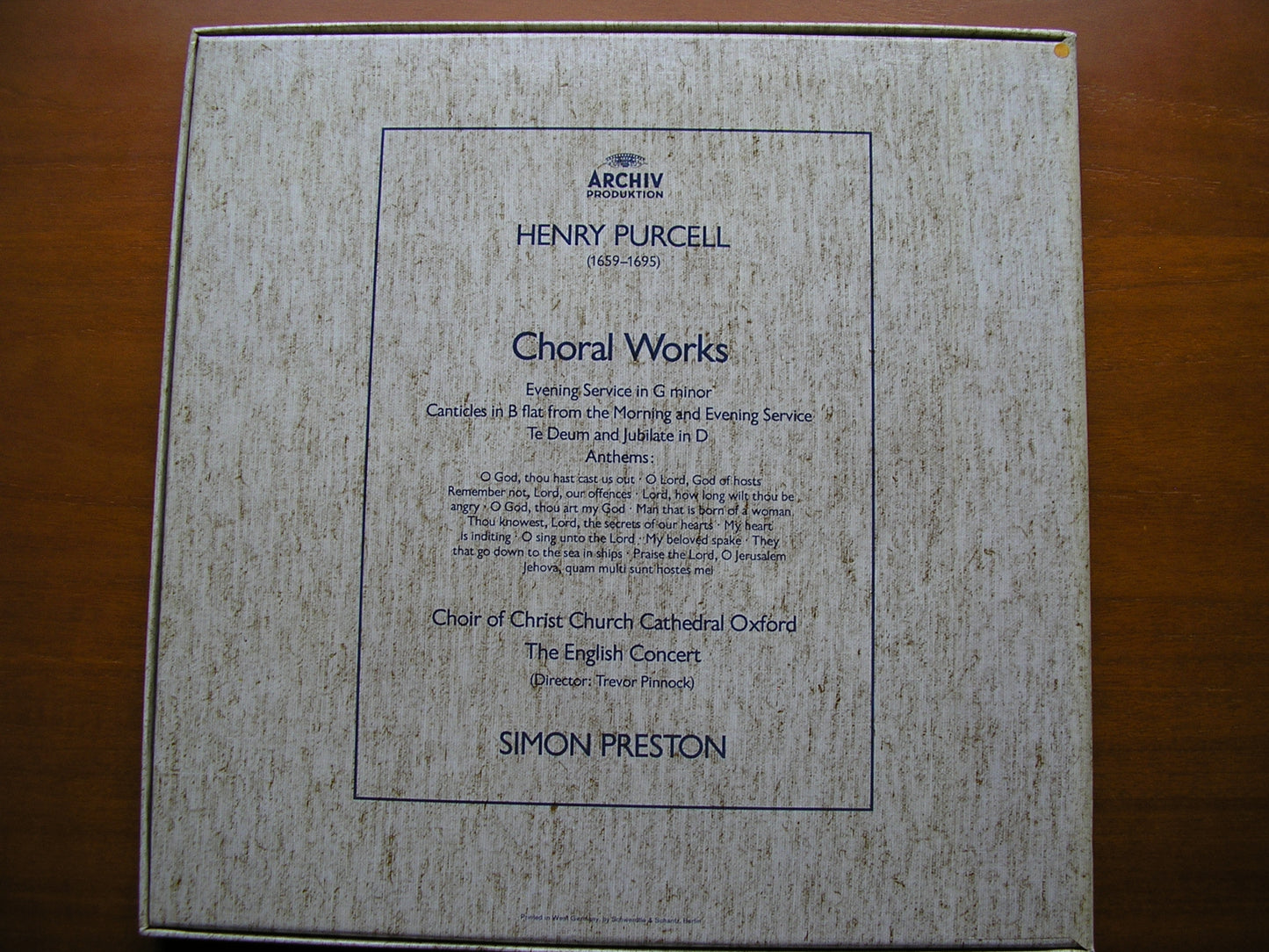 PURCELL: CHORAL WORKS     CHRIST CHURCH CATHEDRAL CHOIR / THE ENGLISH CONCERT / PRESTON      3LP     2723 076