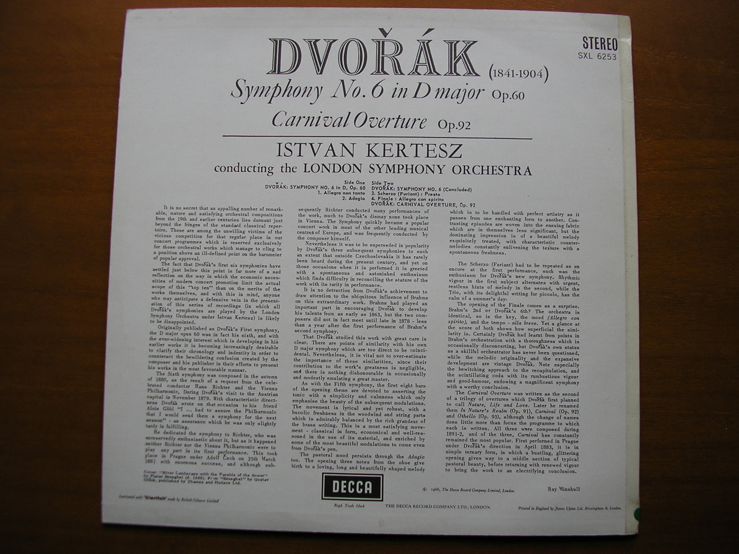 SXL 6253  DVORAK: SYMPHONY No. 6  / CARNIVAL OVERTURE      KERTESZ / LONDON SYMPHONY    ED2