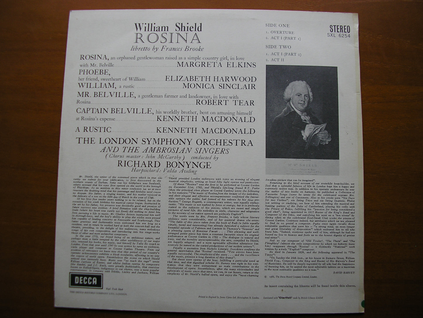 SXL 6254  SHIELD: ROSINA   complete opera    SOLOISTS / LONDON SYMPHONY / BONYNGE     ED2