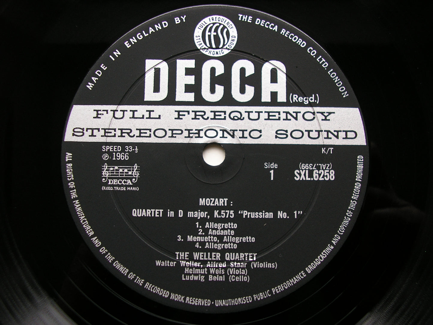 SXL 6258  MOZART: STRING QUARTETS  K575 & K590      THE WELLER QUARTET     ED2