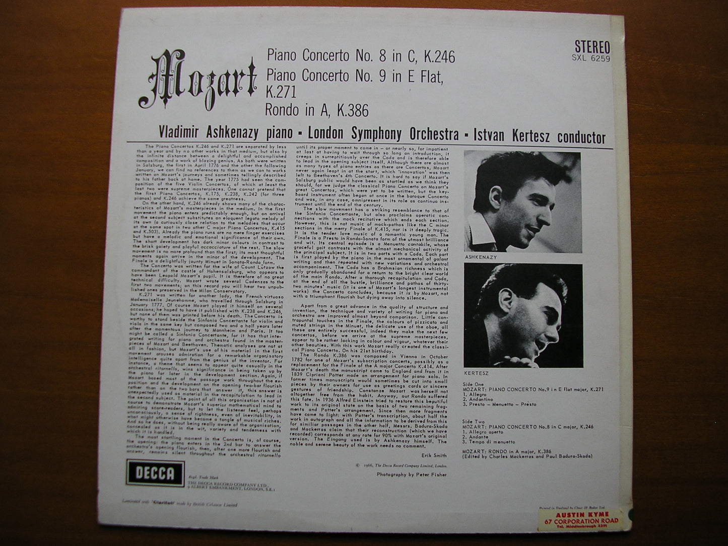 SXL 6259  MOZART: PIANO CONCERTOS Nos. 8 & 9      ASHKENAZY / LONDON SYMPHONY /  KERTESZ     ED2